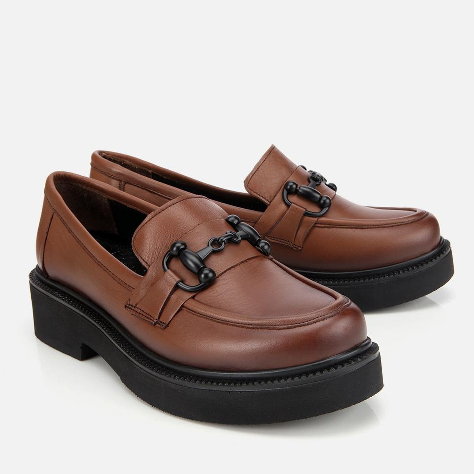 Kadın Deri Kahverengi Kalın Tabanlı Klasik Loafer