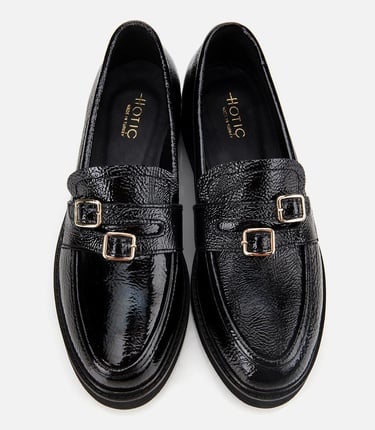  Kadın Rugan Deri Siyah Tokalı Klasik Loafer