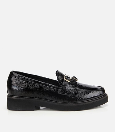  Kadın Rugan Deri Siyah Tokalı Klasik Loafer