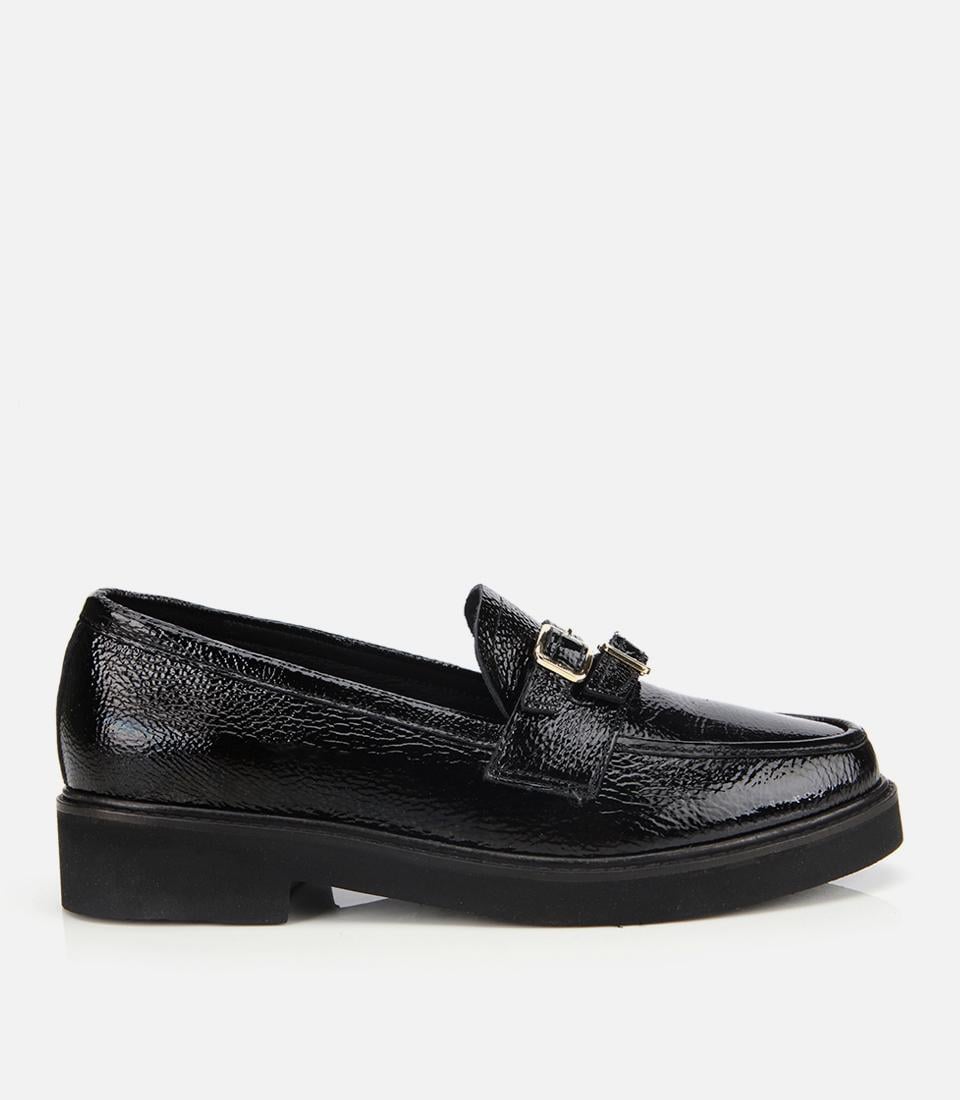  Kadın Rugan Deri Siyah Tokalı Klasik Loafer