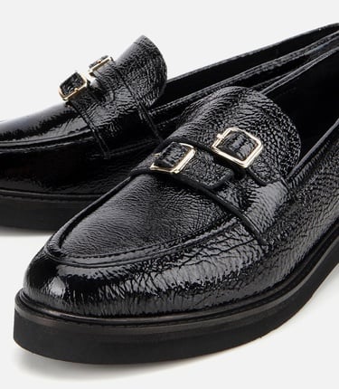  Kadın Rugan Deri Siyah Tokalı Klasik Loafer