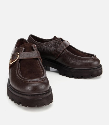  Kadın Süet Deri Kahverengi Toka Detaylı Yüksek Tabanlı Günlük Loafer