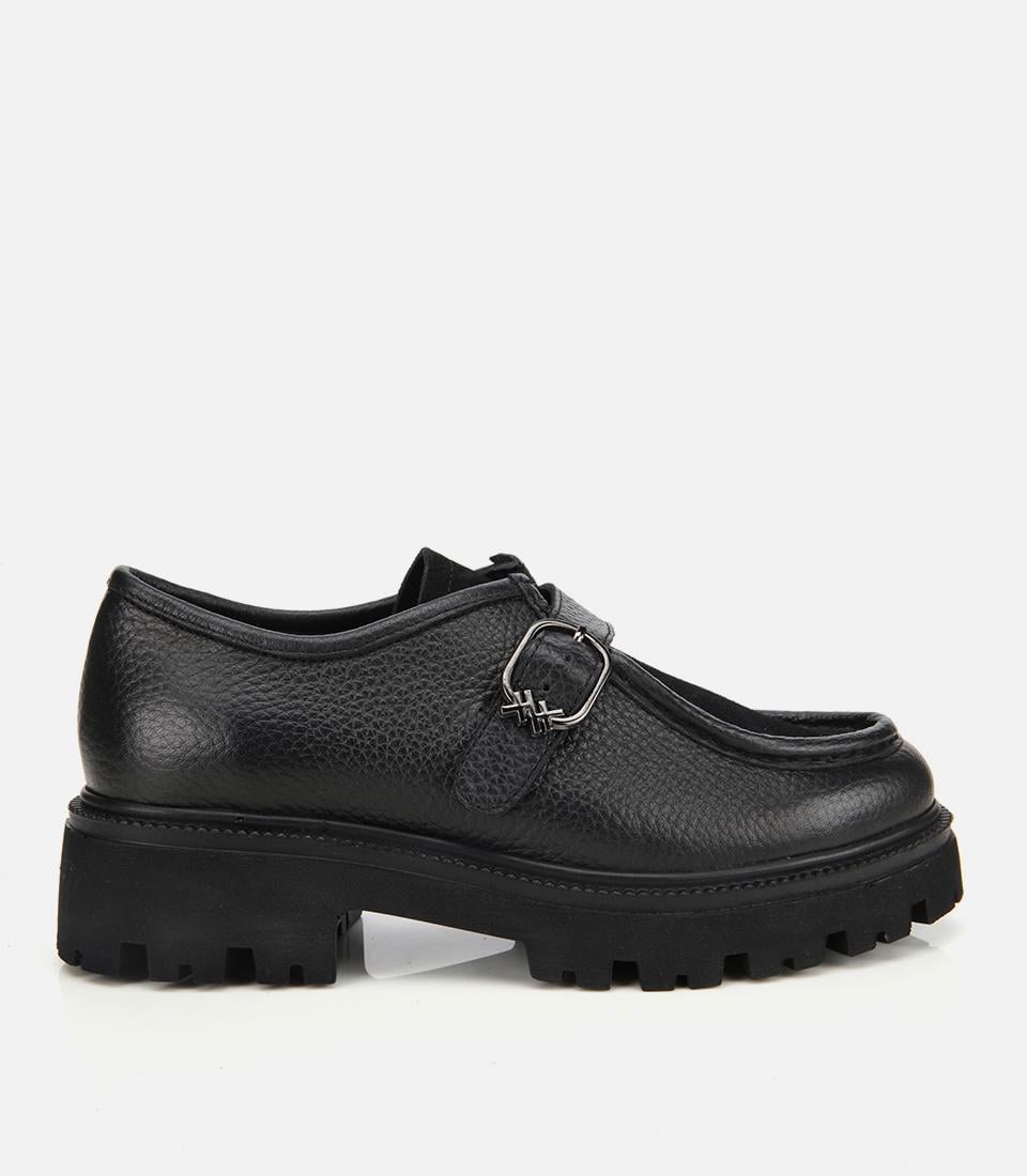  Kadın Süet Deri Siyah Toka Detaylı Yüksek Tabanlı Günlük Loafer