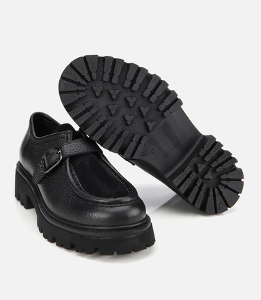  Kadın Süet Deri Siyah Toka Detaylı Yüksek Tabanlı Günlük Loafer