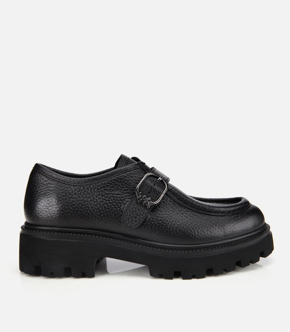  Kadın Deri Siyah Toka Detaylı Yüksek Tabanlı Günlük Loafer