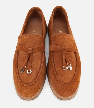  Kadın Süet Deri Taba Gold Aksesuarlı Klasik Loafer