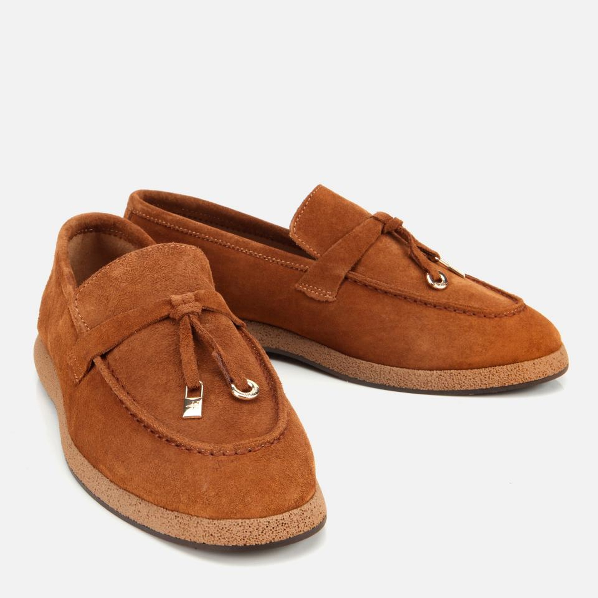 Kadın Süet Deri Taba Gold Aksesuarlı Klasik Loafer