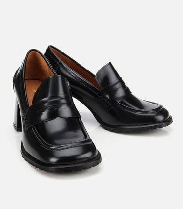  Kadın Açma Deri Siyah Topuklu Klasik Loafer