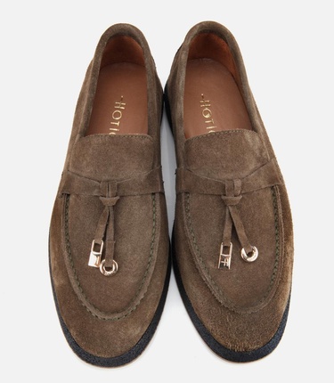  Kadın Süet Deri Haki Gold Aksesuarlı Klasik Loafer