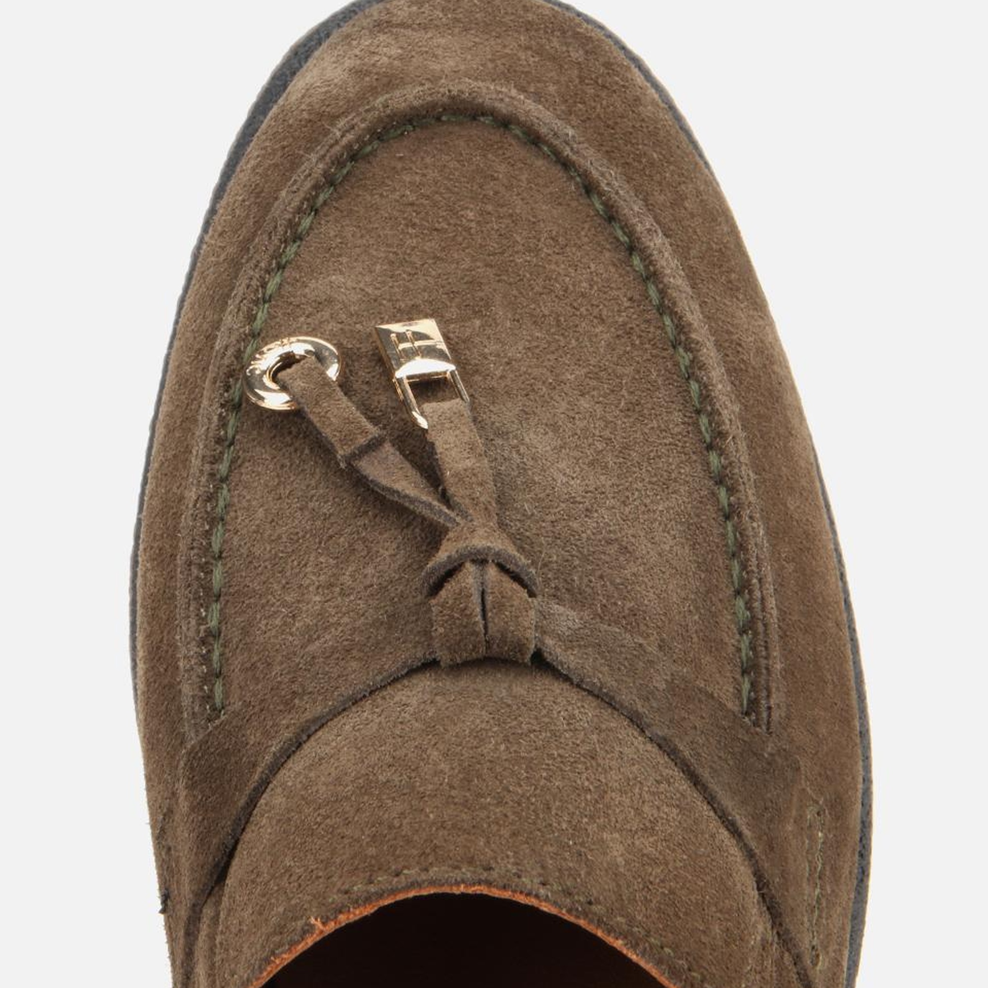 Kadın Süet Deri Haki Gold Aksesuarlı Klasik Loafer