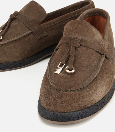  Kadın Süet Deri Haki Gold Aksesuarlı Klasik Loafer