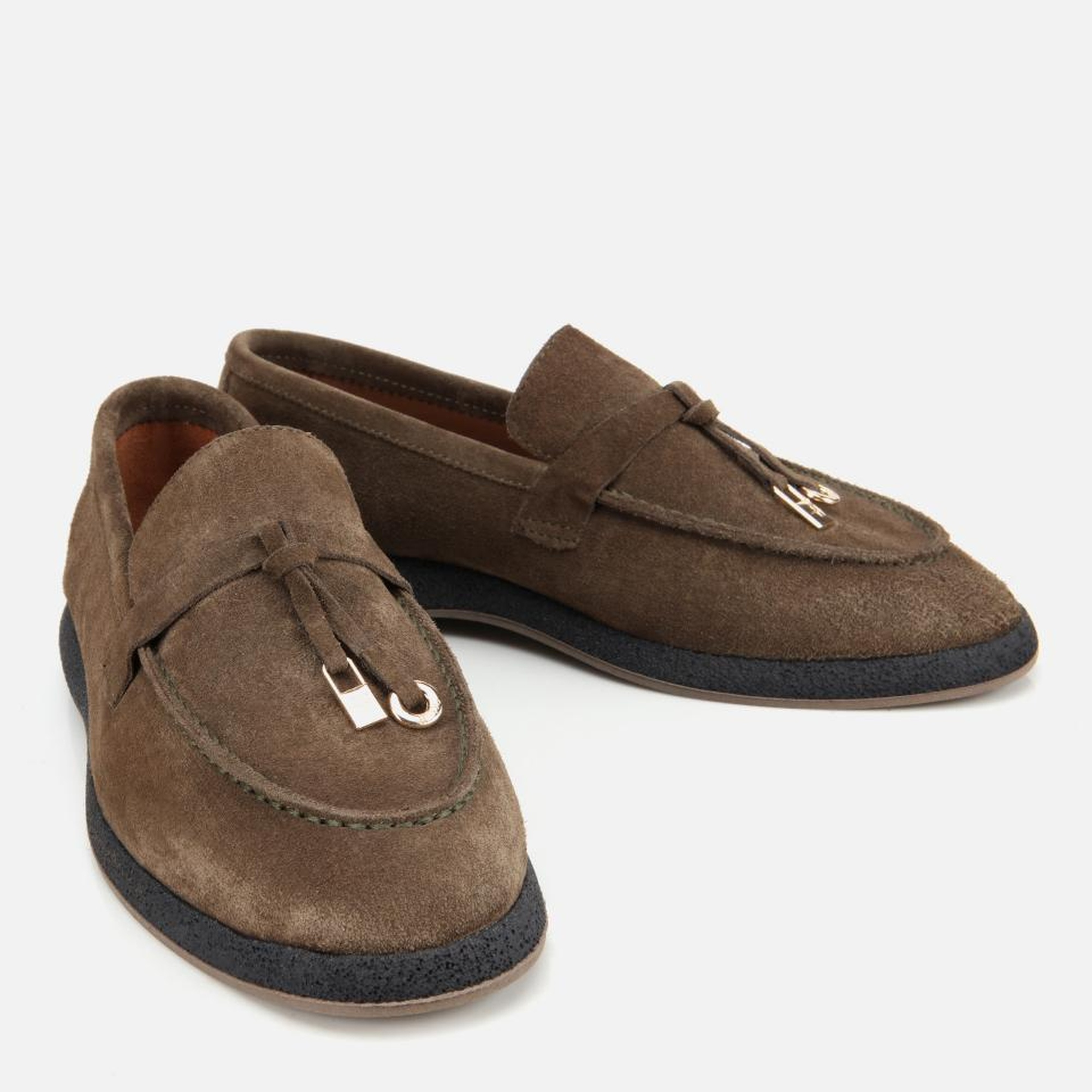 Kadın Süet Deri Haki Gold Aksesuarlı Klasik Loafer