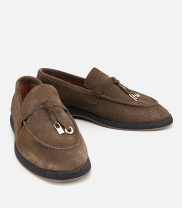  Kadın Süet Deri Haki Gold Aksesuarlı Klasik Loafer