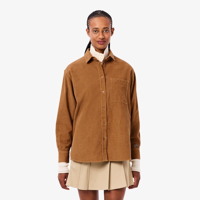  Kadın Oversize Fit Kadife Kahverengi Gömlek