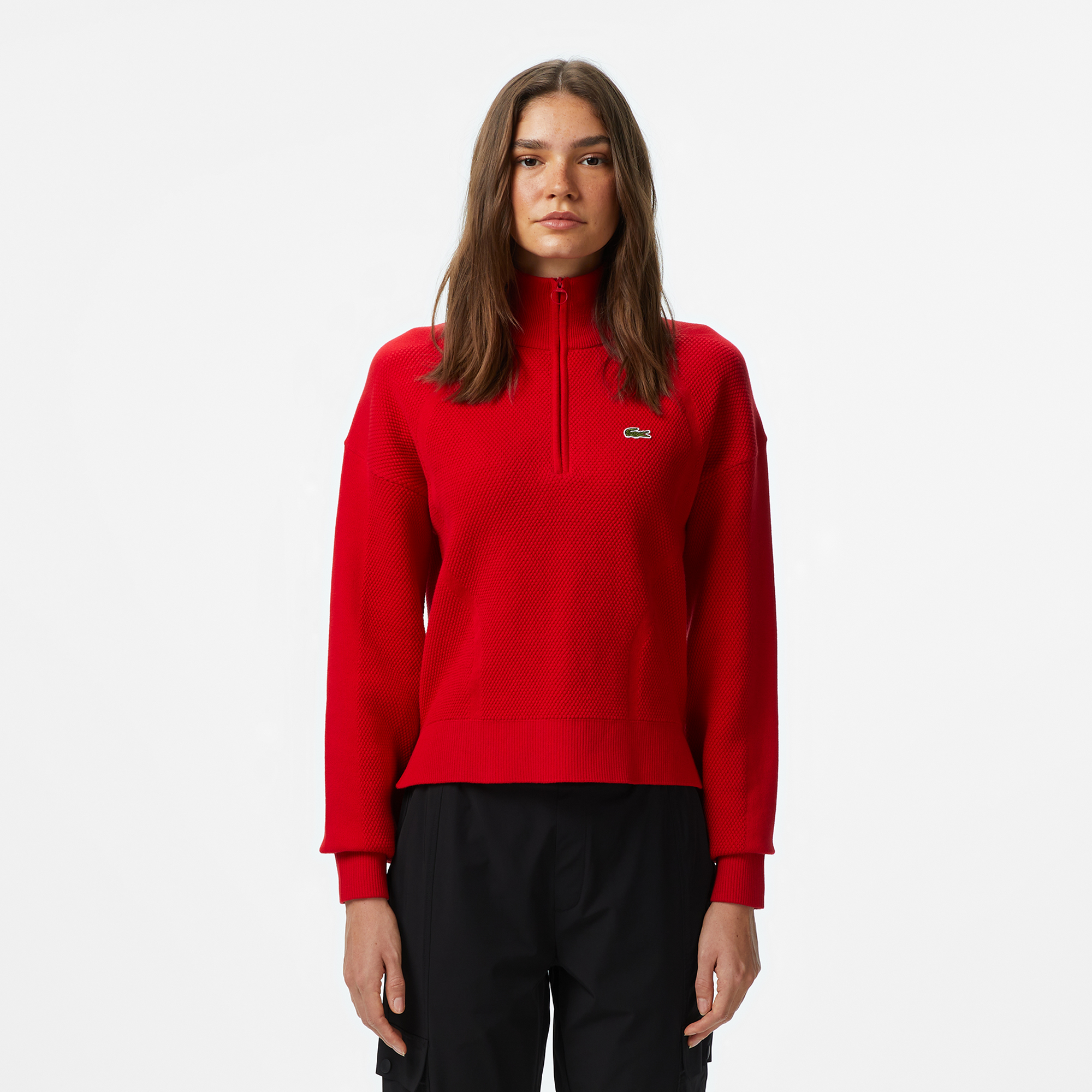  Lacoste Kadın Relaxed Fit Yarım Fermuarlı Kırmızı Kazak