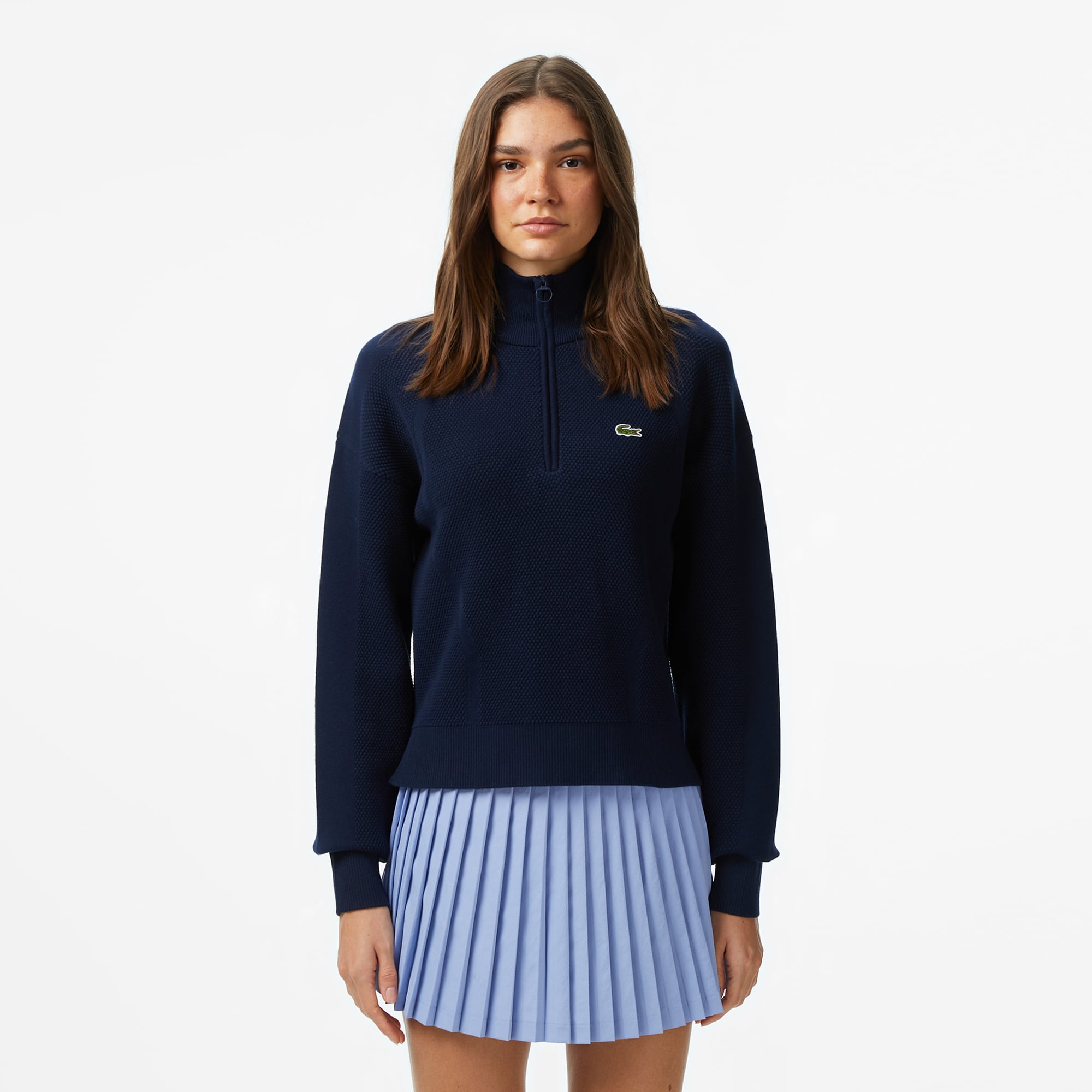  Lacoste Kadın Relaxed Fit Yarım Fermuarlı Lacivert Kazak