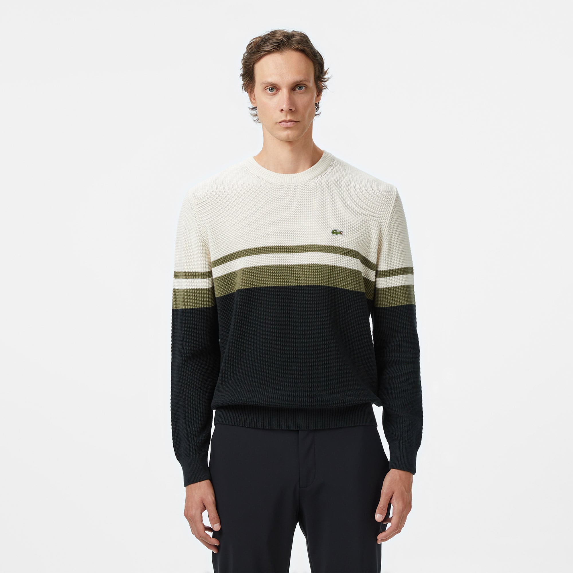  Lacoste Erkek Classic Fit Bisiklet Yaka Renk Bloklu Siyah Kazak