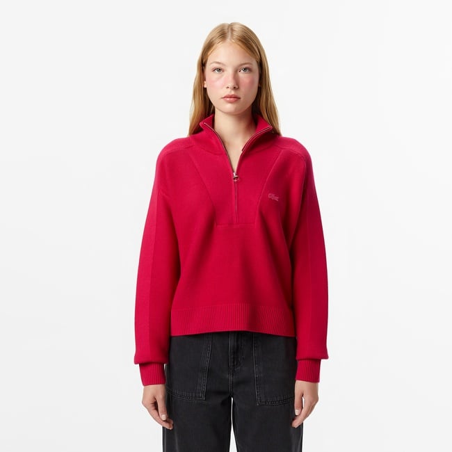  Lacoste Kadın Classic Fit Yarım Fermuarlı Kırmızı Kazak