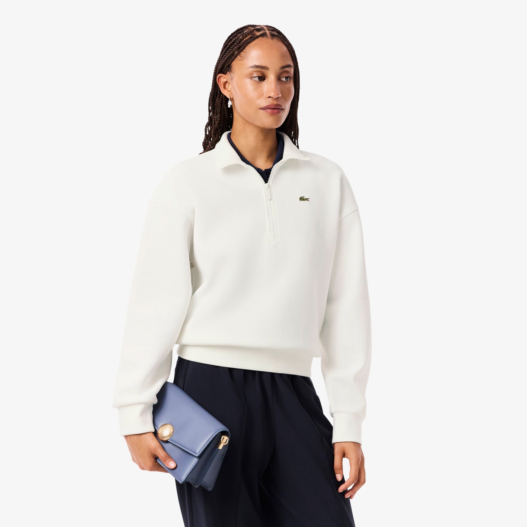 Lacoste Kadın Relaxed Fit Yarım Fermuarlı Beyaz Sweatshirt