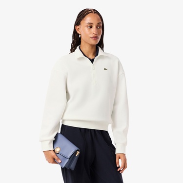  Lacoste Kadın Relaxed Fit Yarım Fermuarlı Beyaz Sweatshirt