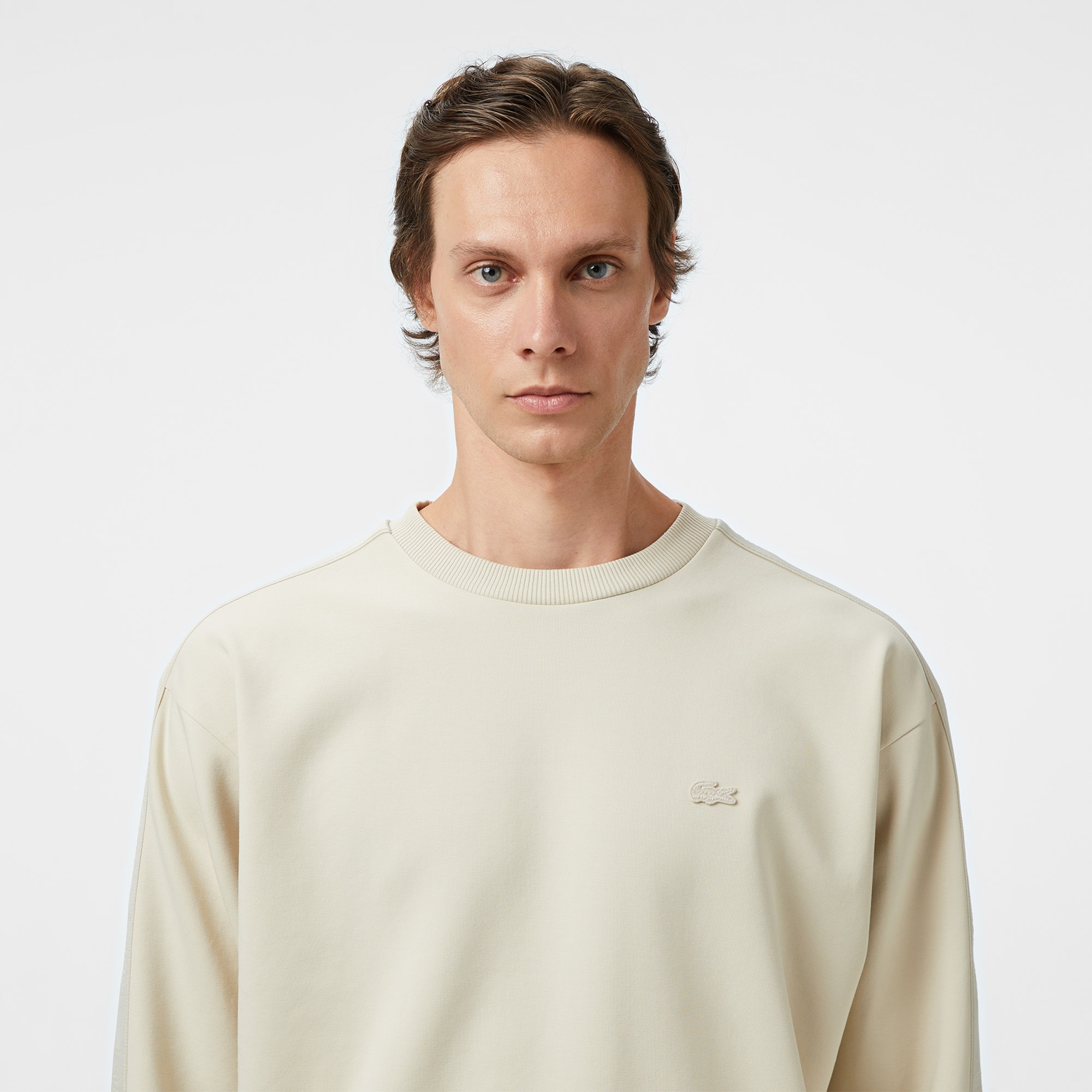 Lacoste Erkek Relaxed Fit Bisiklet Yaka Açık Krem Sweatshirt