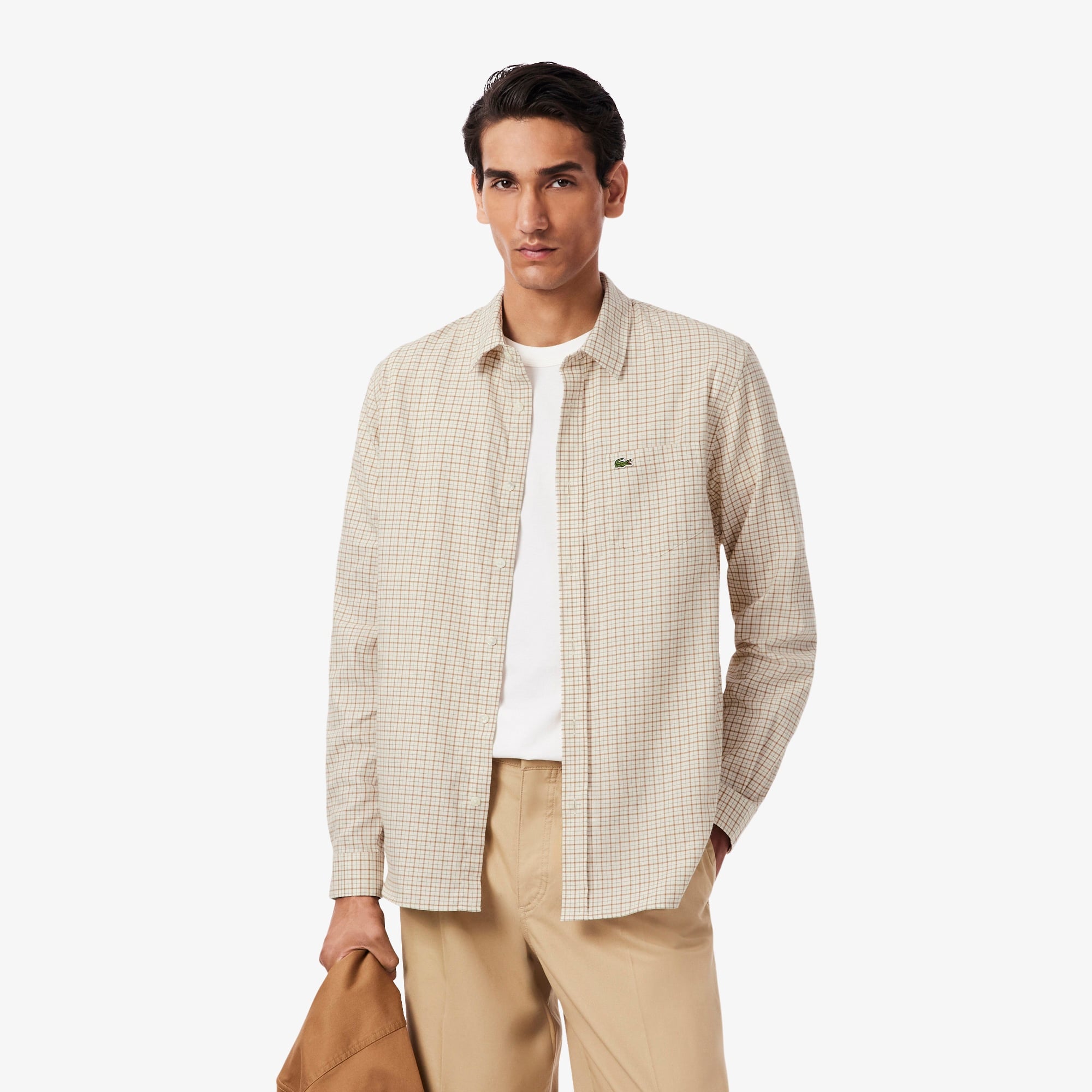 Erkek Regular Fit Kareli Krem Gömlek