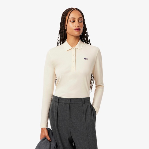  Lacoste Kadın Regular Fit Uzun Kollu Krem Polo