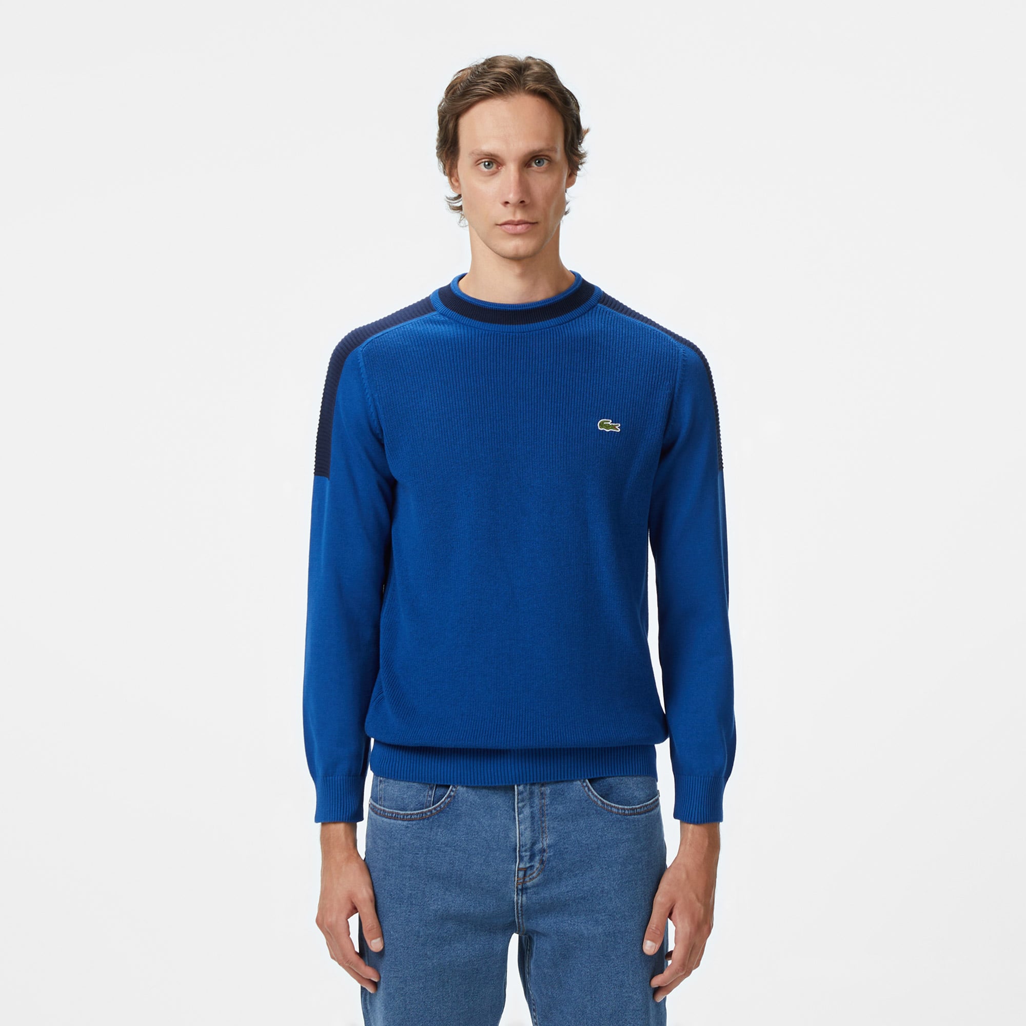  Lacoste Erkek Classic Fit Bisiklet Yaka Renk Bloklu Mavi Kazak