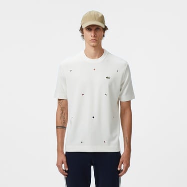  Lacoste Erkek Loose Fit Bisiklet Yaka Desenli Beyaz T-Shirt