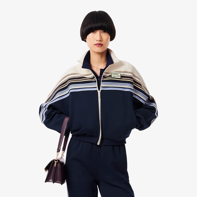  Lacoste Kadın Relaxed Fit Fermuarlı Çizgili Lacivert Sweatshirt