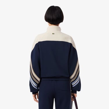  Lacoste Kadın Relaxed Fit Fermuarlı Çizgili Lacivert Sweatshirt