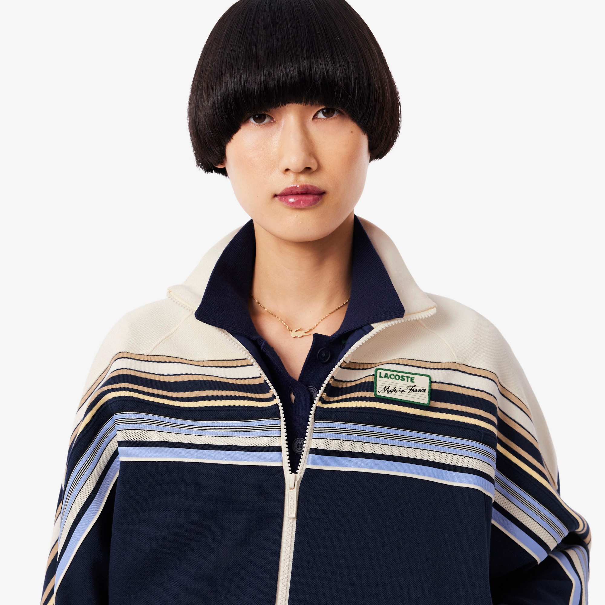 Kadın Relaxed Fit Fermuarlı Çizgili Lacivert Sweatshirt