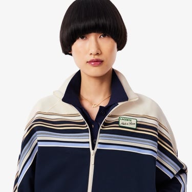  Lacoste Kadın Relaxed Fit Fermuarlı Çizgili Lacivert Sweatshirt