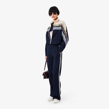  Lacoste Kadın Relaxed Fit Fermuarlı Çizgili Lacivert Sweatshirt