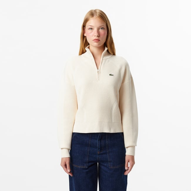  Lacoste Kadın Relaxed Fit Yarım Fermuarlı Krem Kazak