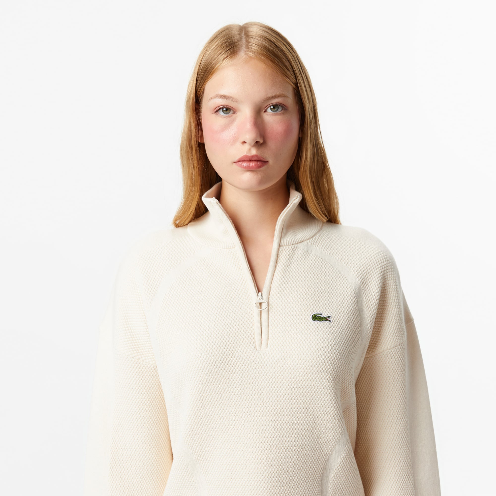 Kadın Relaxed Fit Yarım Fermuarlı Krem Kazak