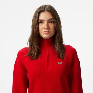  Lacoste Kadın Relaxed Fit Yarım Fermuarlı Kırmızı Kazak