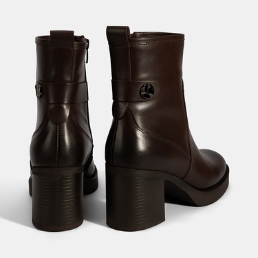  Kadın Kahve Kalın Topuklu Deri Bot