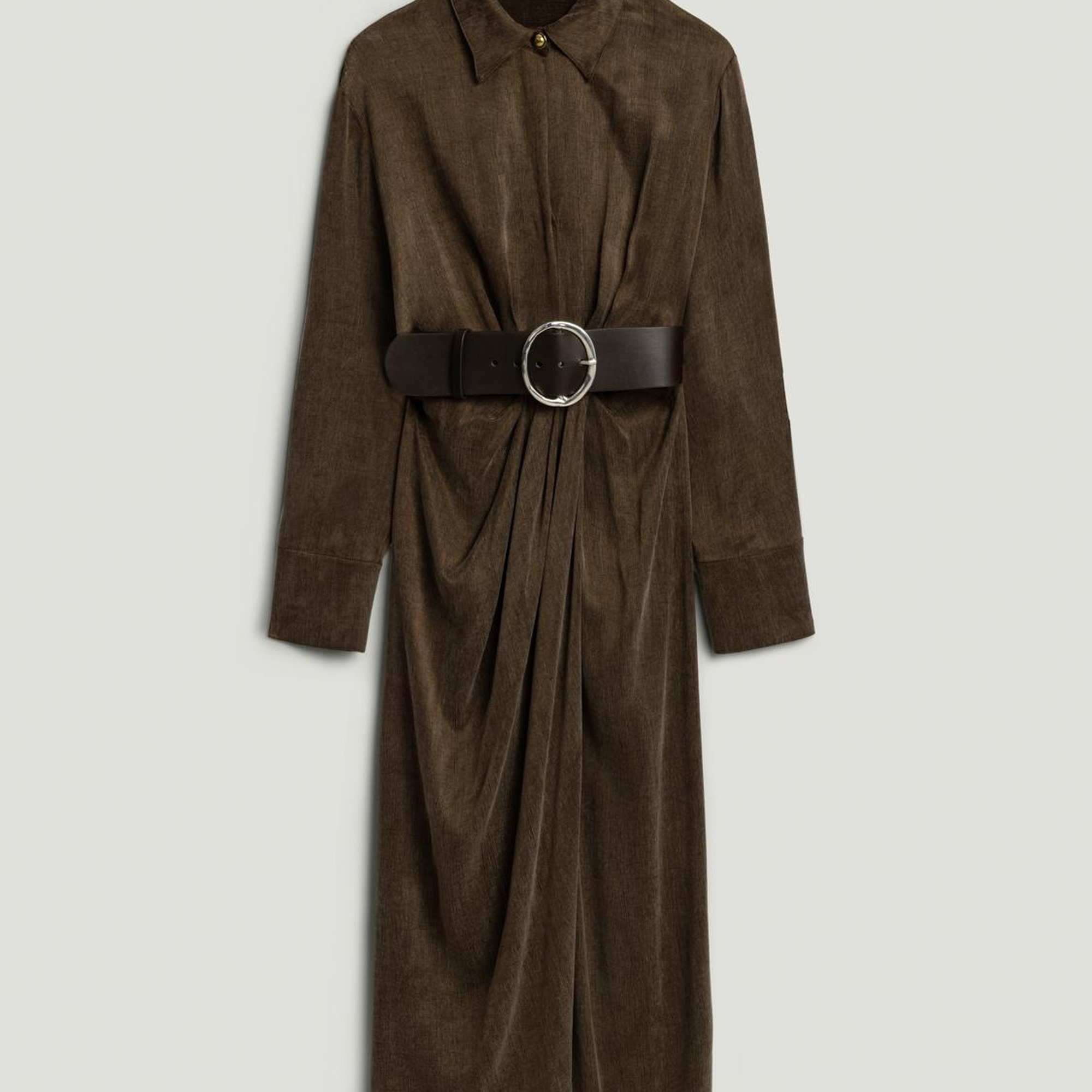 Drape Detaylı Kemerli Maxi Elbise