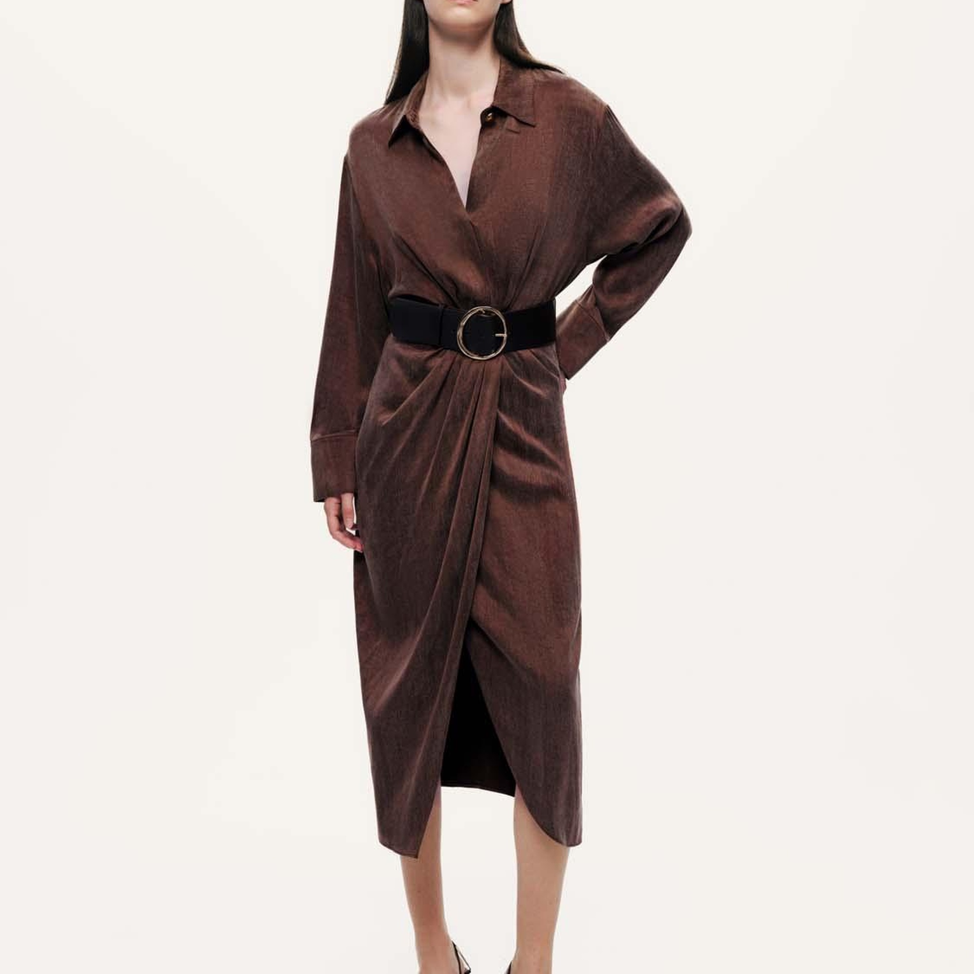 Drape Detaylı Kemerli Maxi Elbise