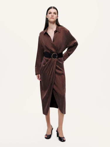  Drape Detaylı Kemerli Maxi Elbise