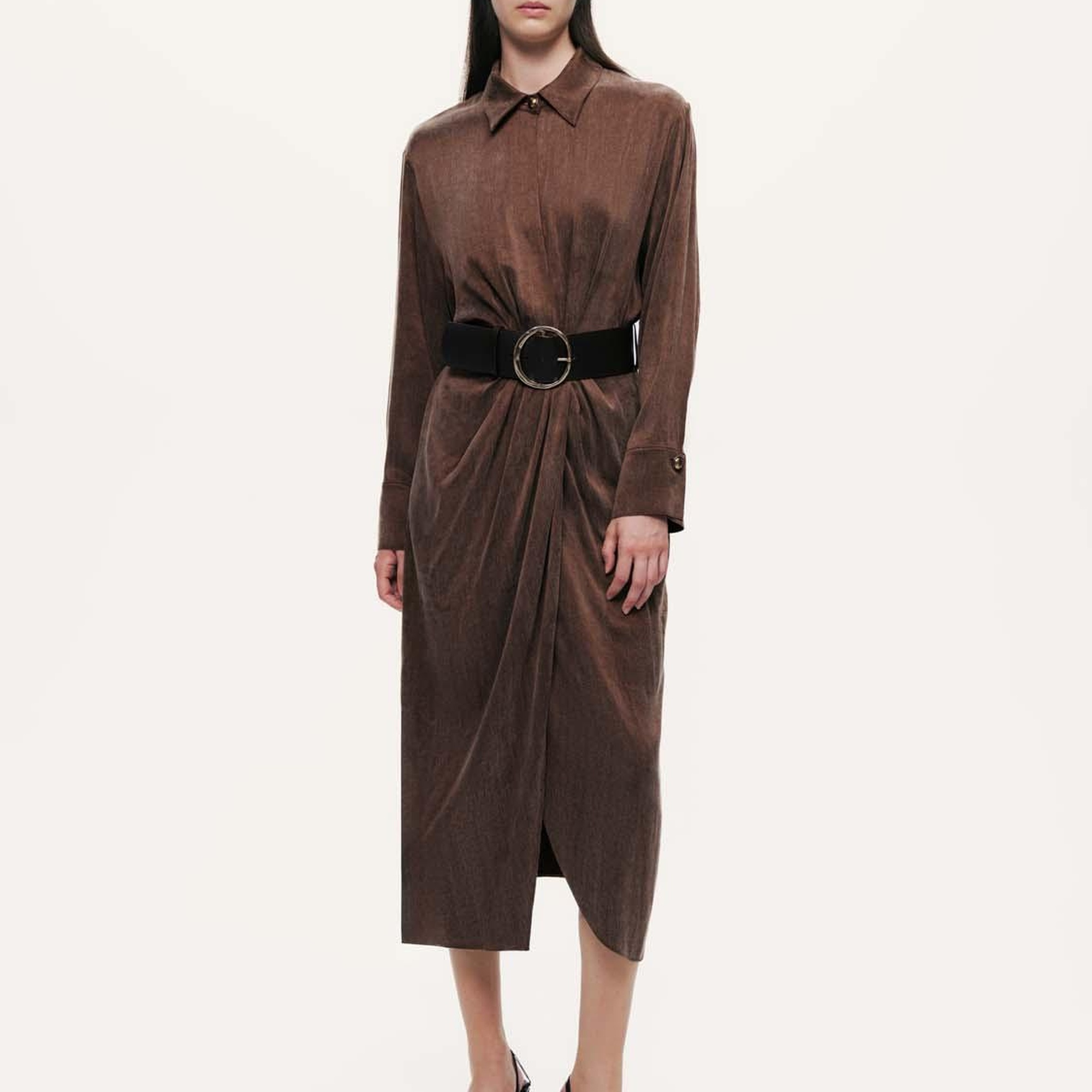 Drape Detaylı Kemerli Maxi Elbise