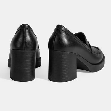  Kadın Siyah Kalın Topuklu Deri Loafer