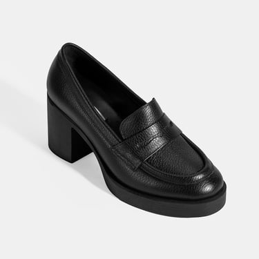  Kadın Siyah Kalın Topuklu Deri Loafer