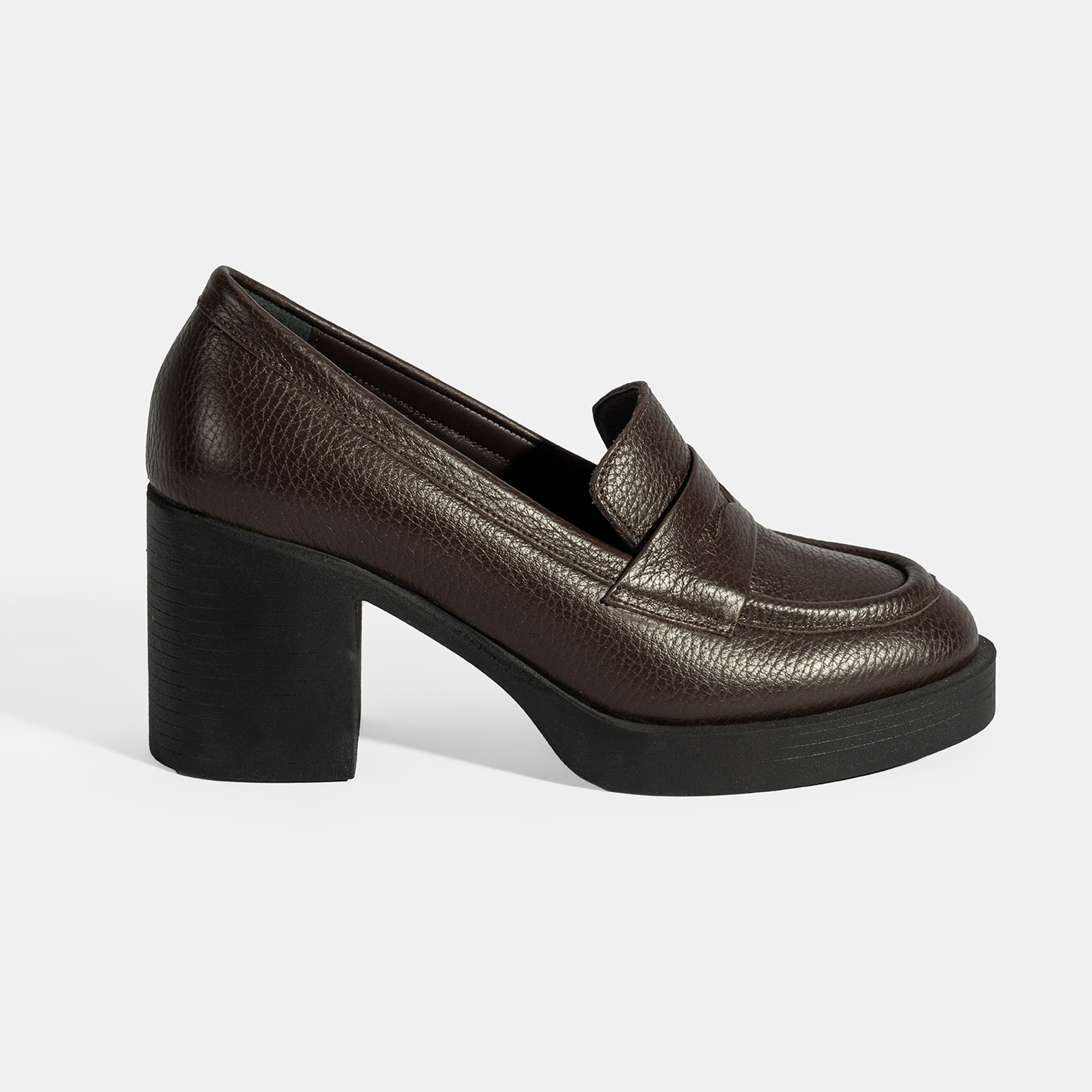 Kadın Kahve Kalın Topuklu Deri Loafer