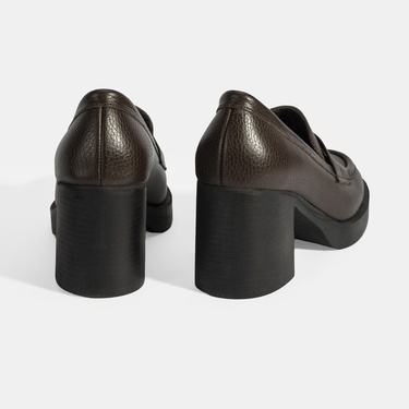 Kadın Kahve Kalın Topuklu Deri Loafer