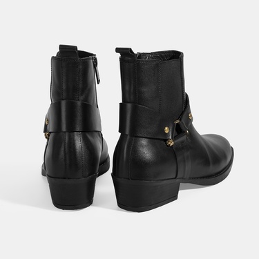 Kadın Siyah Lastik Detaylı Deri Bot