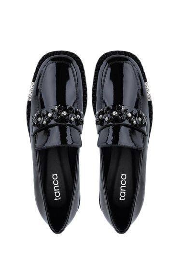  Tamer Tanca Kadın Hakiki Deri Siyah Rugan Loafer Ayakkabı