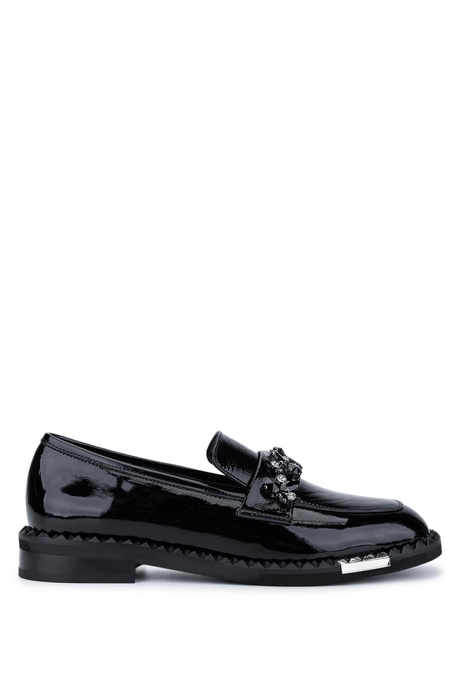  Tamer Tanca Kadın Hakiki Deri Siyah Rugan Loafer Ayakkabı