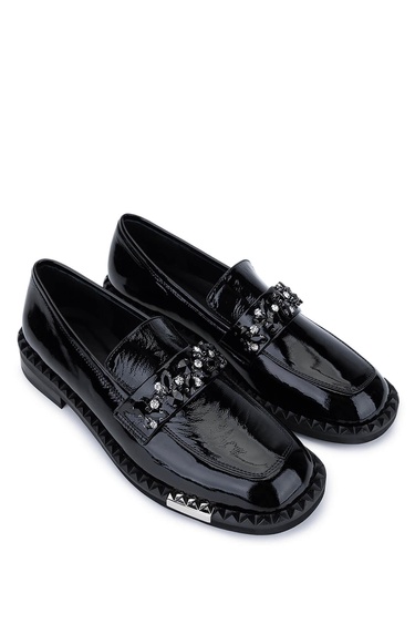  Tamer Tanca Kadın Hakiki Deri Siyah Rugan Loafer Ayakkabı